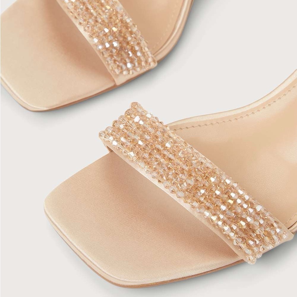 NWOT Lulus Kainda Champagne Satin Beaded Ankle Strap Heels - Picture 5 of 7
